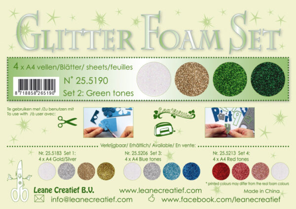 Glitter Foam Set 2, 4 different glitter foam sheets A4 green /gold /silver colours.   LCR25.5190