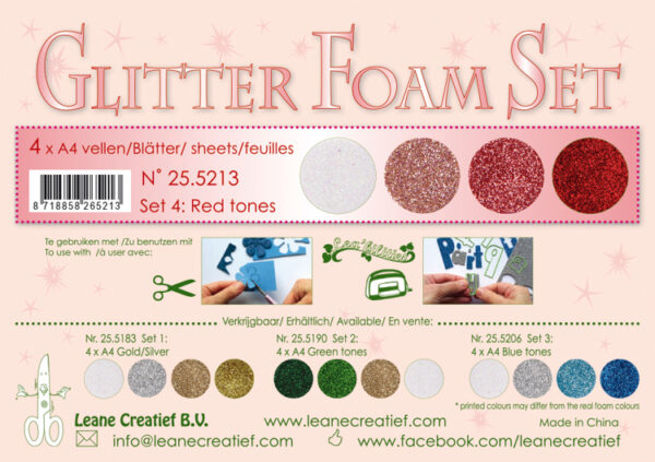 Glitter Foam Set 4, 4 different glitter foam sheets A4 red / white colours.  LCR25.5213