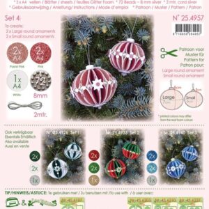 25.4957 Glitter Foam Kerstbal decoratie Set 4, 5 vel A4; 2 pink+2 pastel pink+ 1 wit + 72 parels 8mm LC25.4957