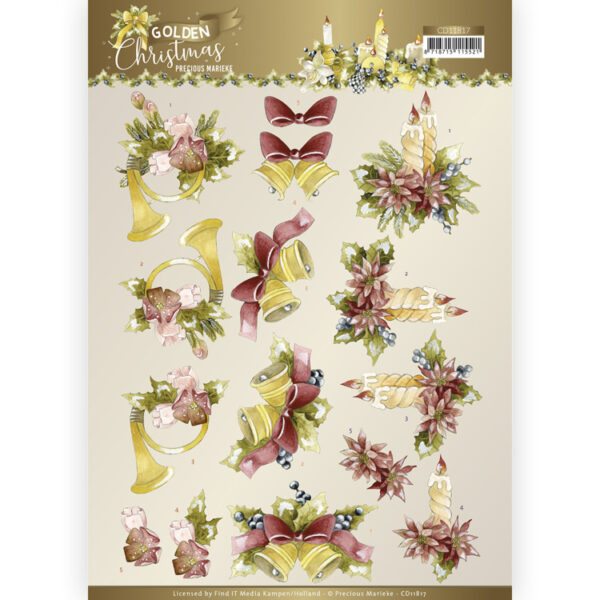 3D Cutting Sheet - Precious Marieke - Golden Christmas - Christmas Bells Precious Marieke CD11817