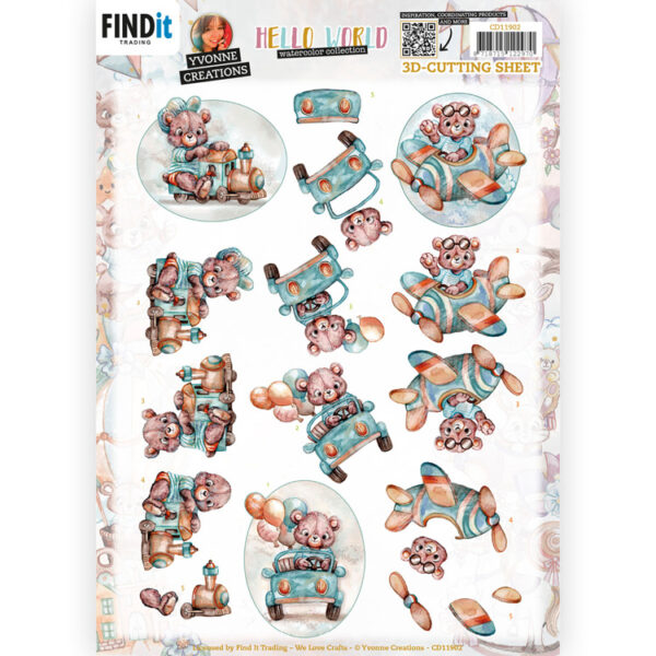 3D Cutting Sheets - Yvonne Creations - Hello World - Playing Teddybear CD11902