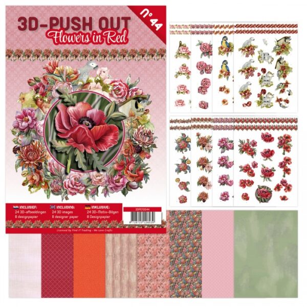 3D Push-Out Book 44 - Flowers in red 3DPO10044