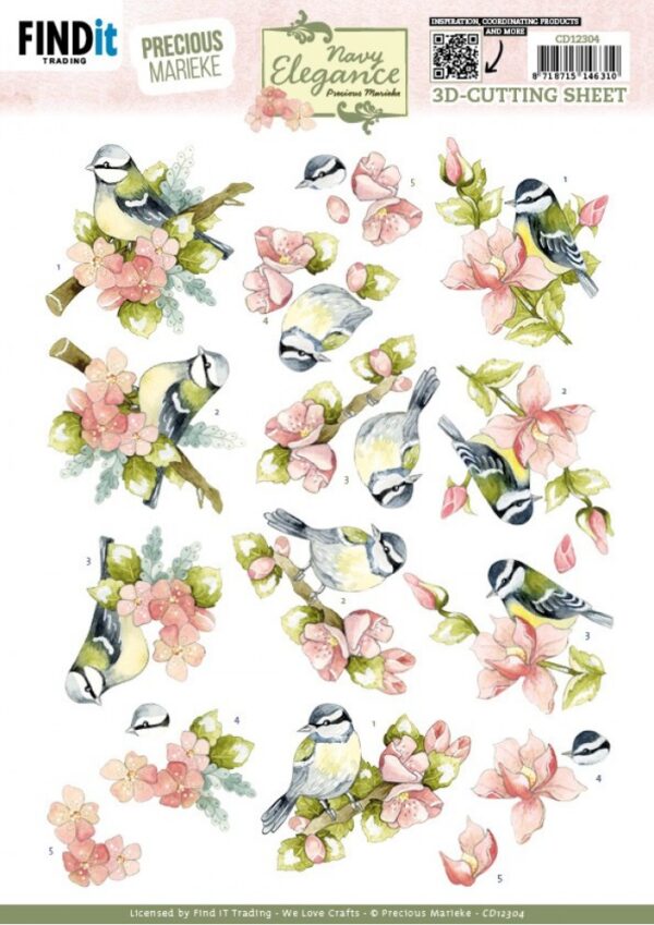3D Cutting Sheet - Precious Marieke- Navy Elegance - Flower Bird CD12304
