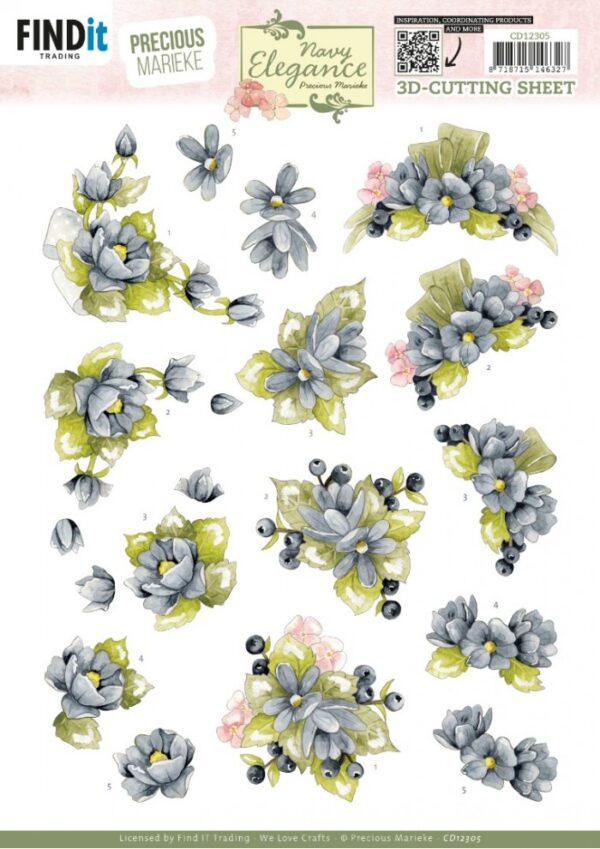3D Cutting Sheet - Precious Marieke- Navy Elegance - Blue Flowers CD12305
