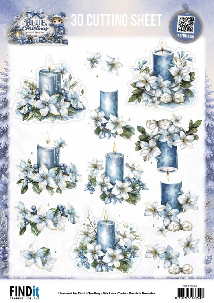 3D Cutting Sheet - Berries Beauties - Blue Christmas - Blue Candles and White Poinsettia CD12506