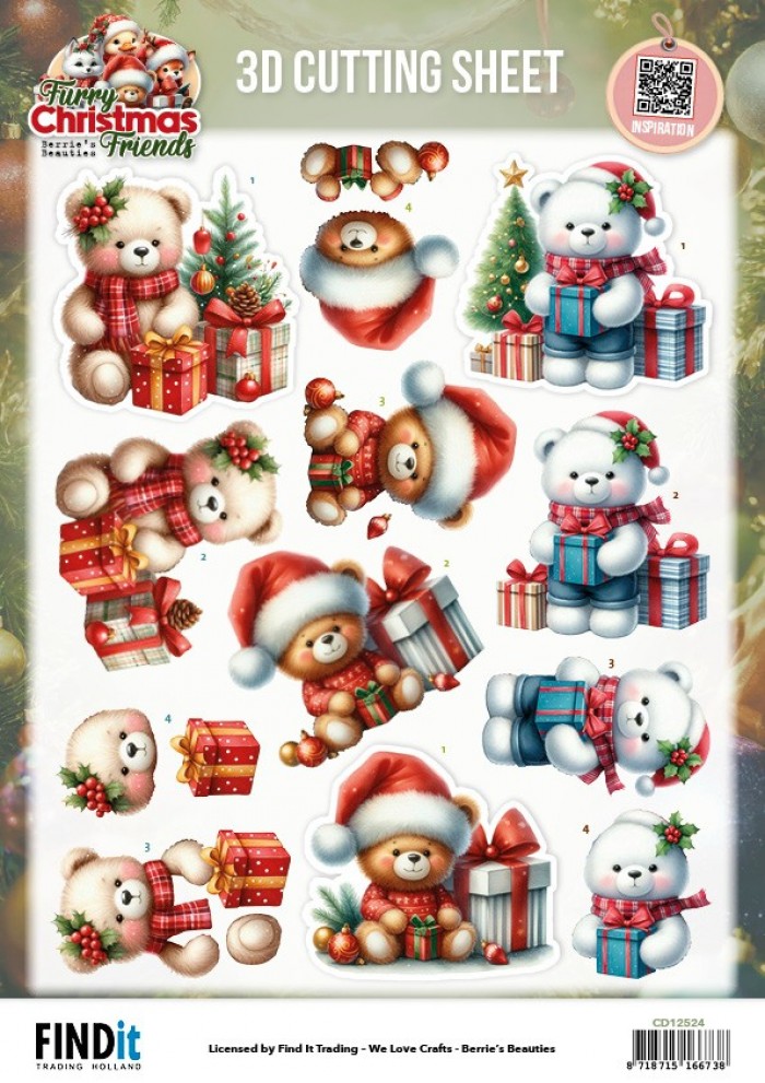 3D Cutting Sheet - Berries Beauties - Furry Christmas Friends - Christmas Bear CD12524