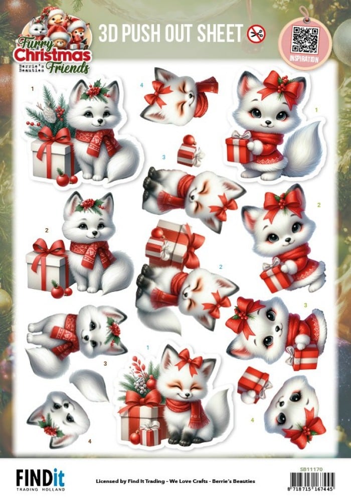 3D Pushout Sheet - Berries Beauties - Furry Christmas Friends - Christmas White Fox SB11170